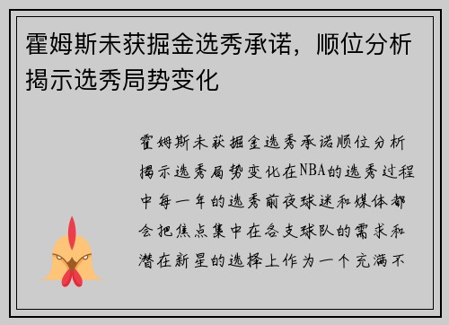 霍姆斯未获掘金选秀承诺，顺位分析揭示选秀局势变化