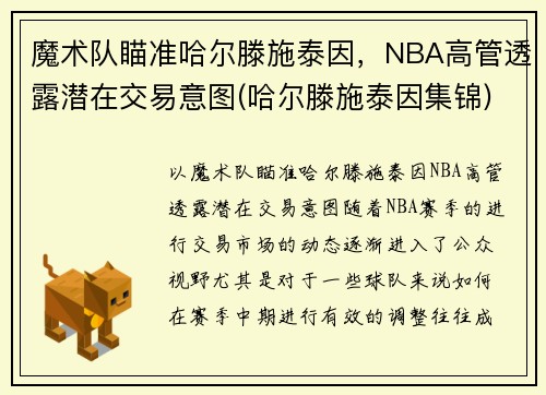 魔术队瞄准哈尔滕施泰因，NBA高管透露潜在交易意图(哈尔滕施泰因集锦)