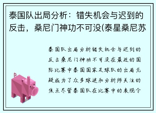 泰国队出局分析：错失机会与迟到的反击，桑尼门神功不可没(泰星桑尼苏瓦美塔农)