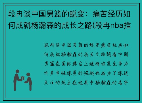 段冉谈中国男篮的蜕变：痛苦经历如何成就杨瀚森的成长之路(段冉nba推荐)