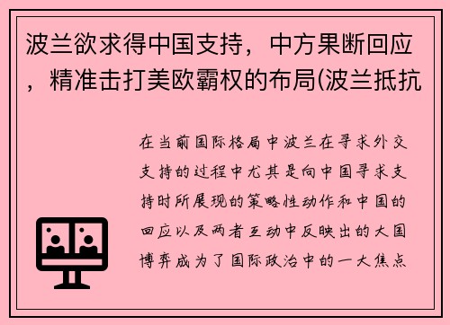 波兰欲求得中国支持，中方果断回应，精准击打美欧霸权的布局(波兰抵抗)